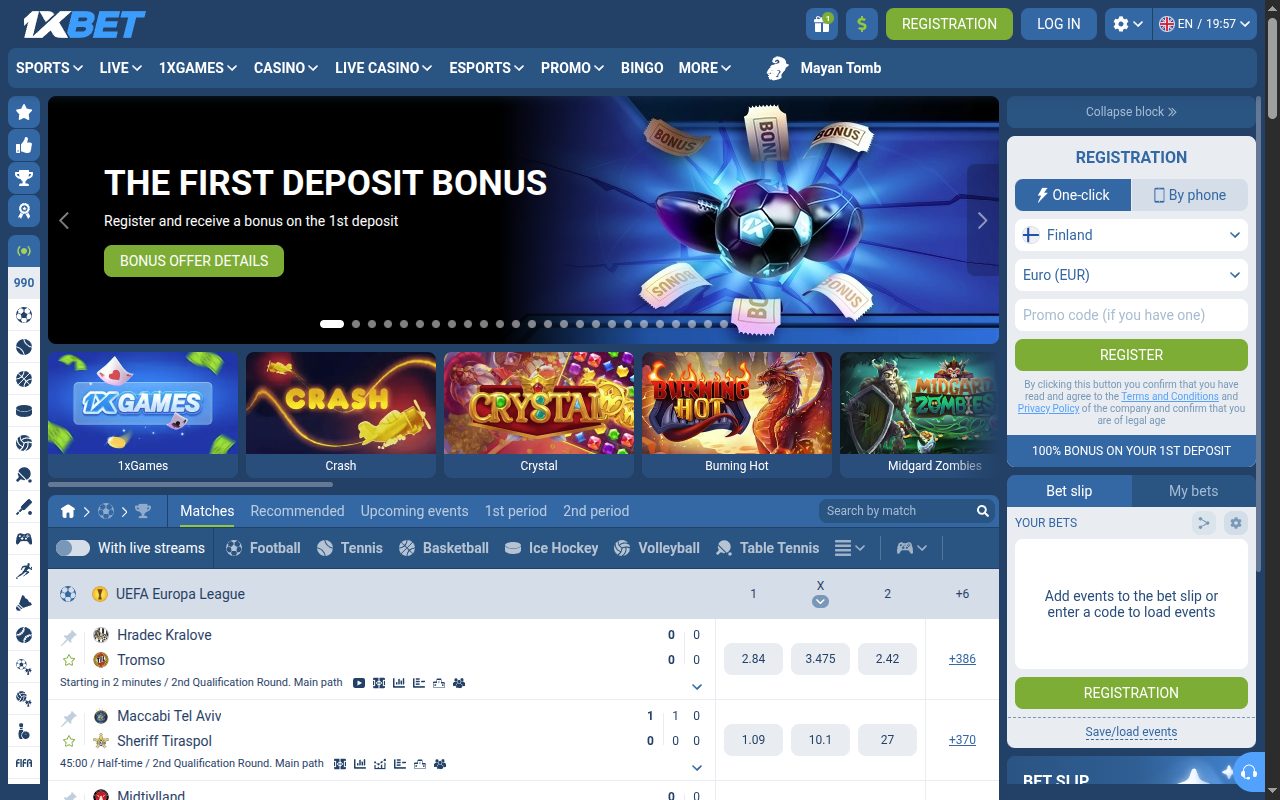 1xBet Casino homepage screenshot