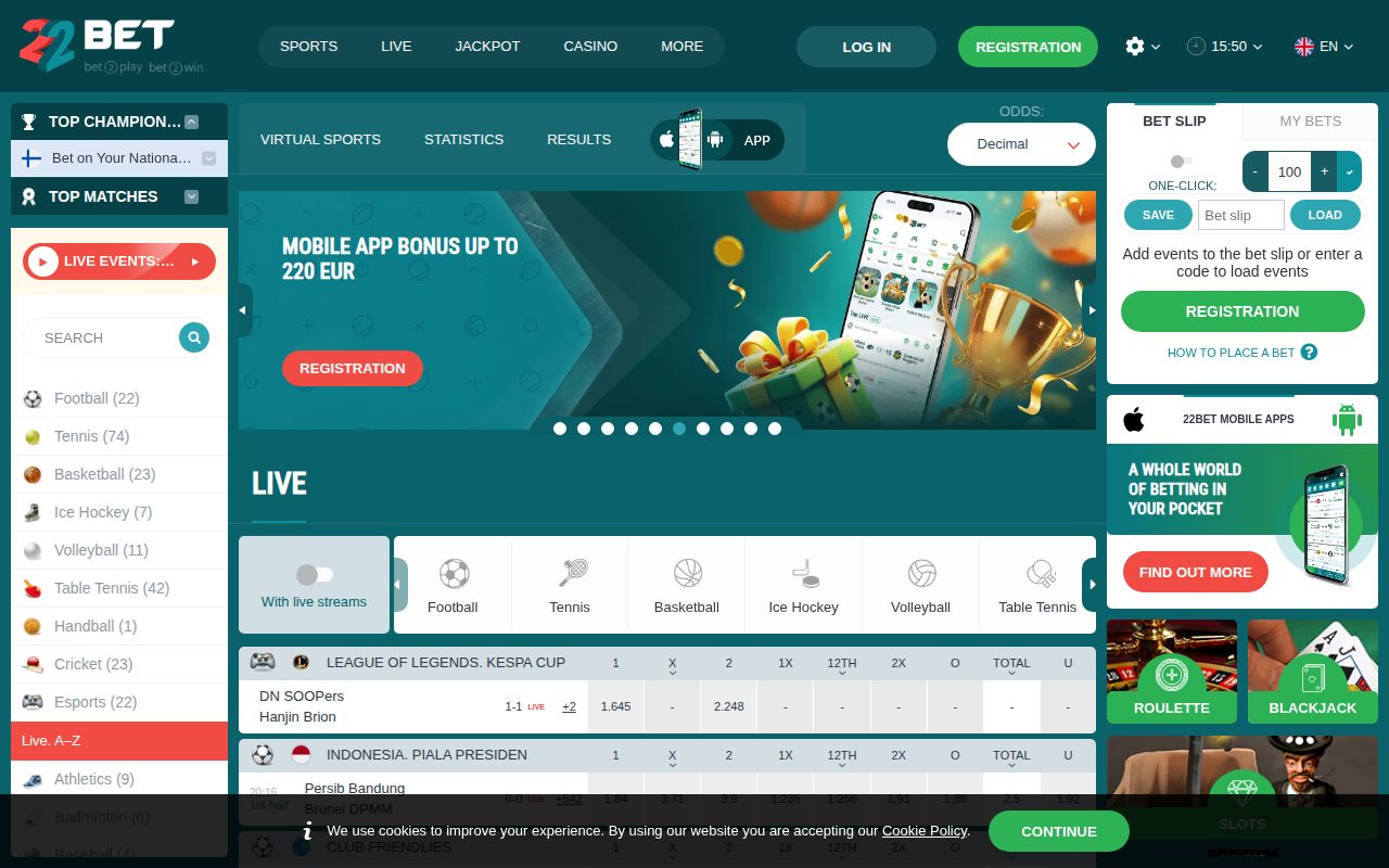 22Bet Casino homepage screenshot