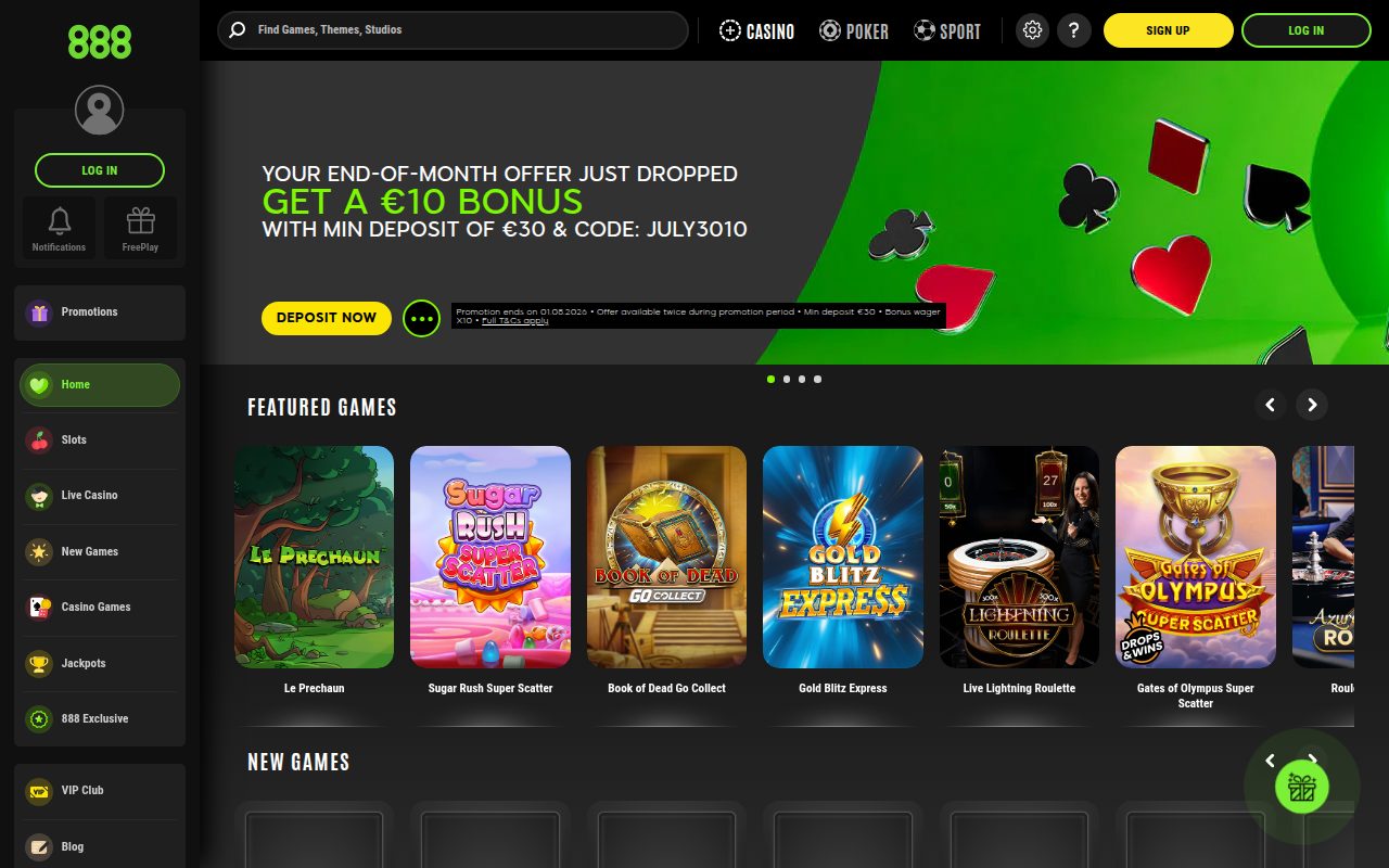888casino homepage screenshot