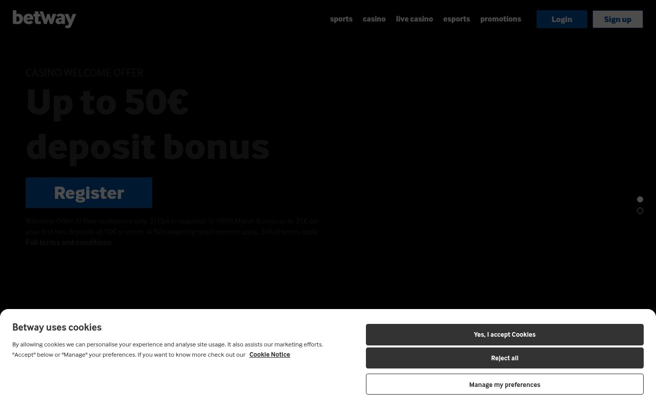 Betway Casino homepage screenshot
