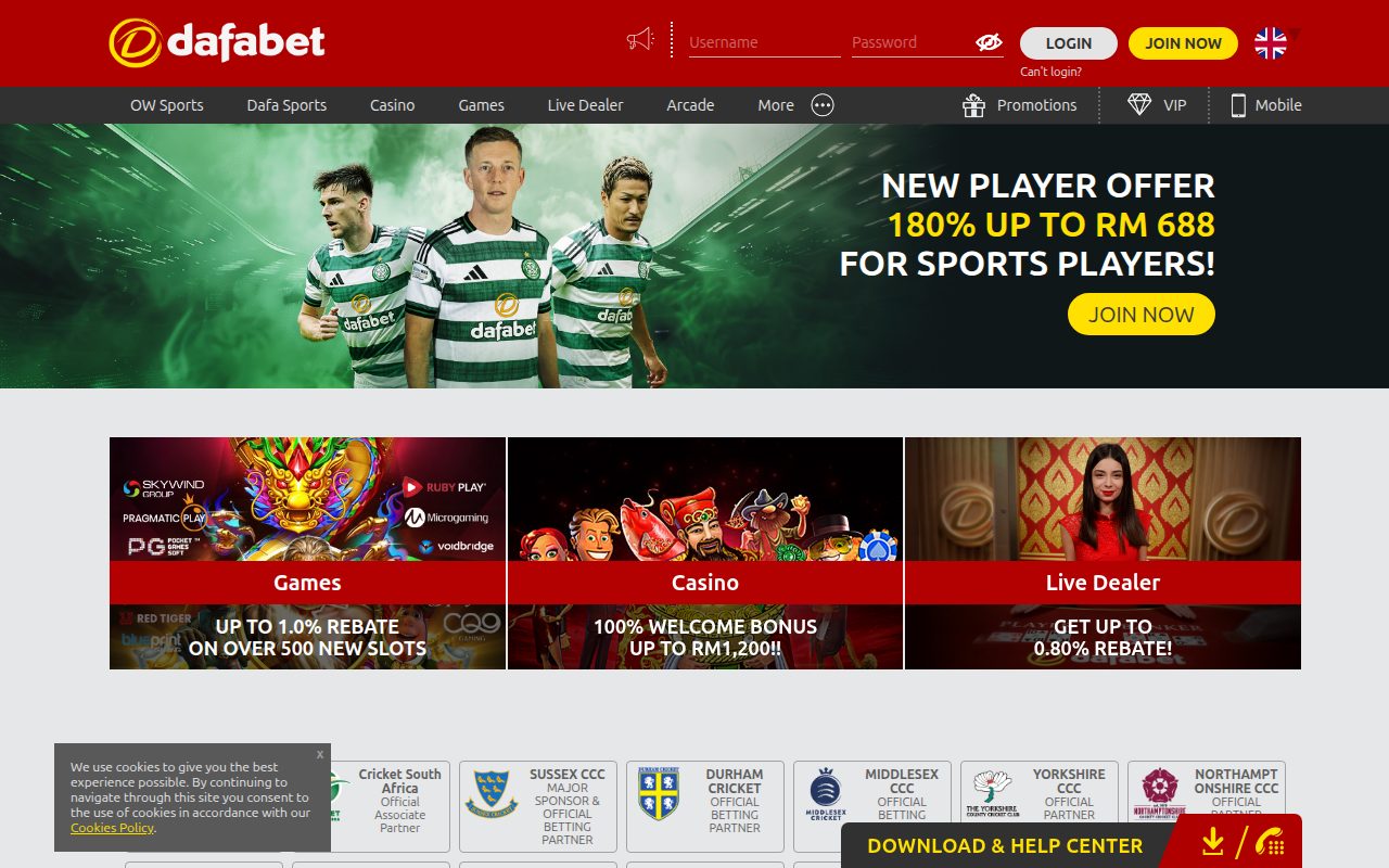 Dafabet Casino homepage screenshot