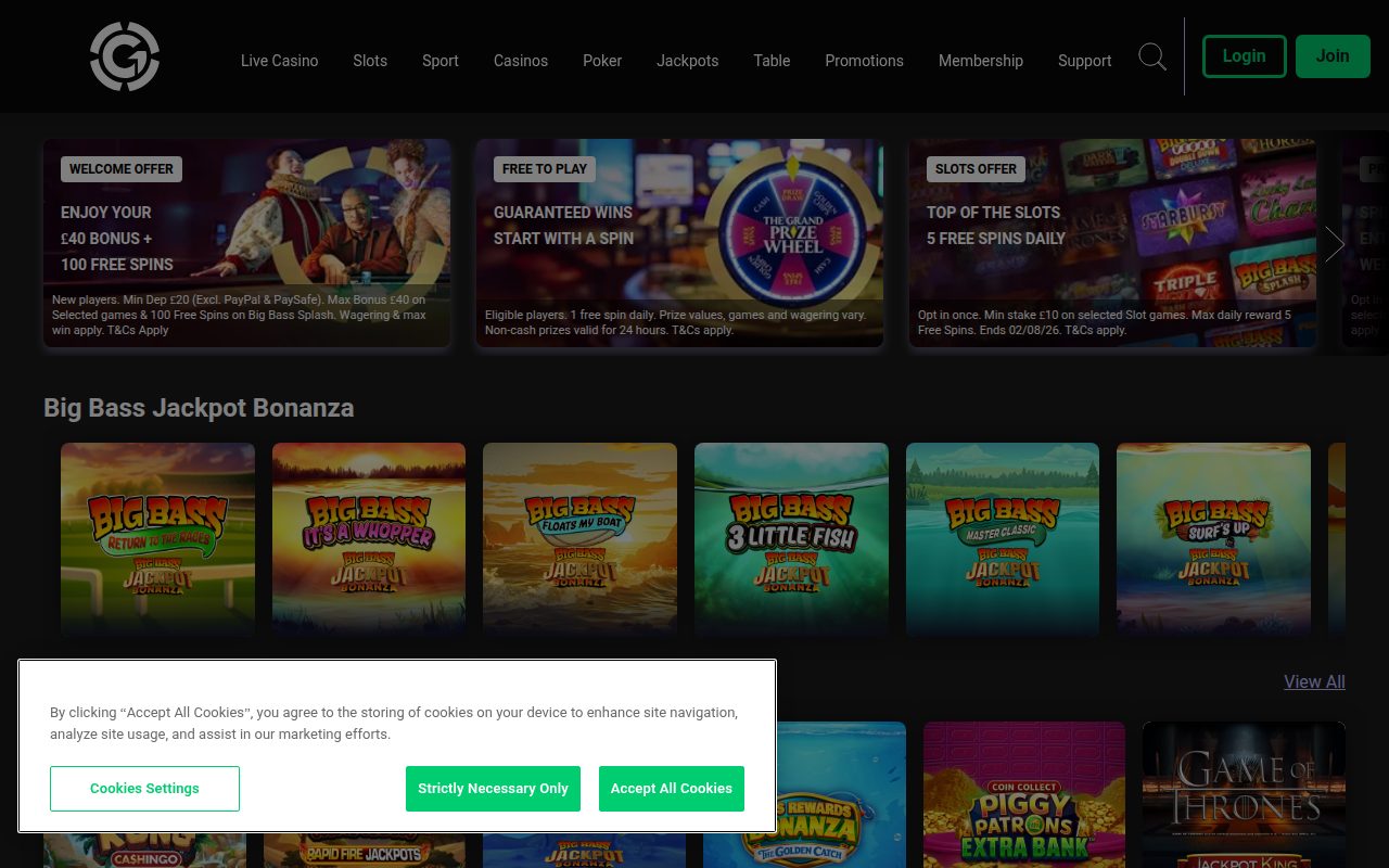 Grosvenor Casino homepage screenshot