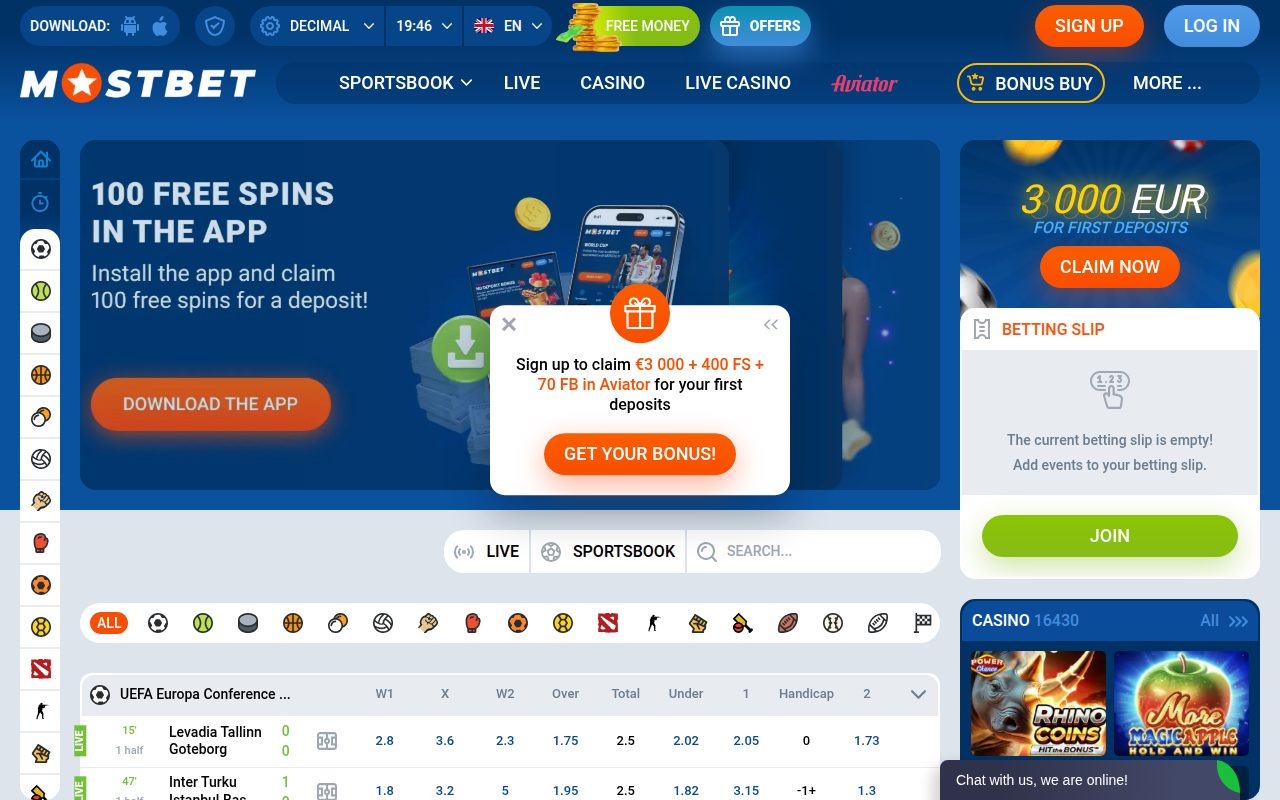 Mostbet Casino homepage screenshot