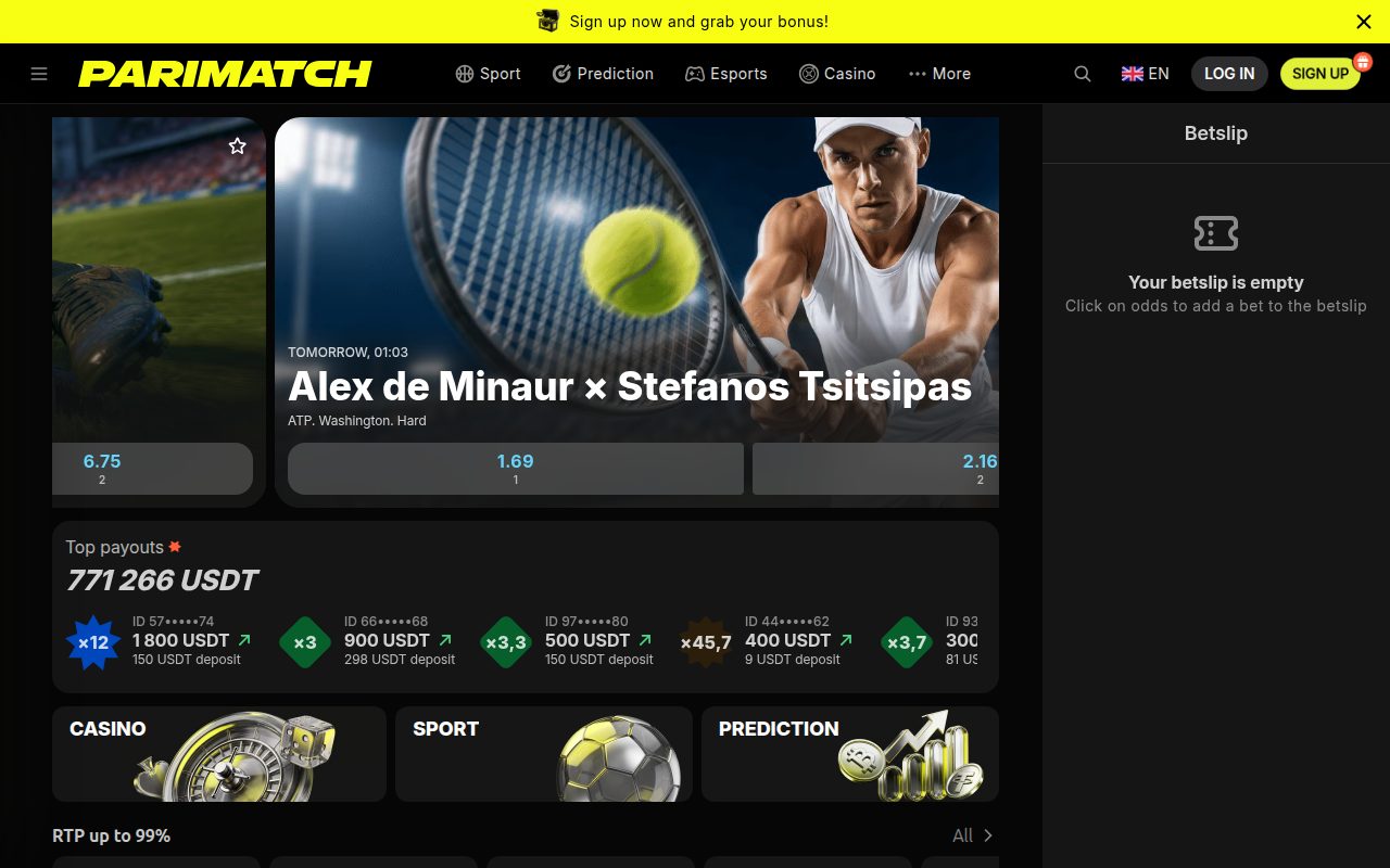 Parimatch Casino homepage screenshot