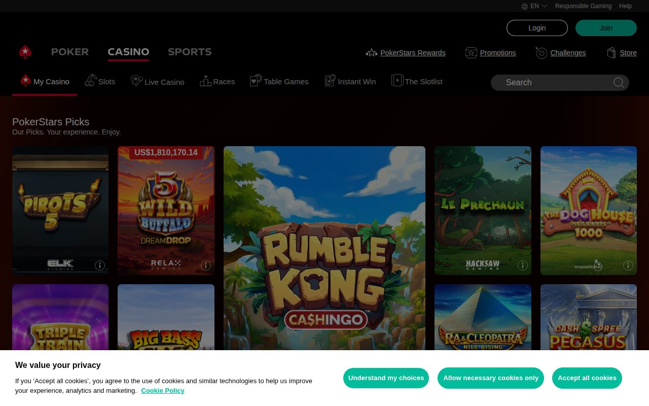 PokerStars Casino homepage screenshot