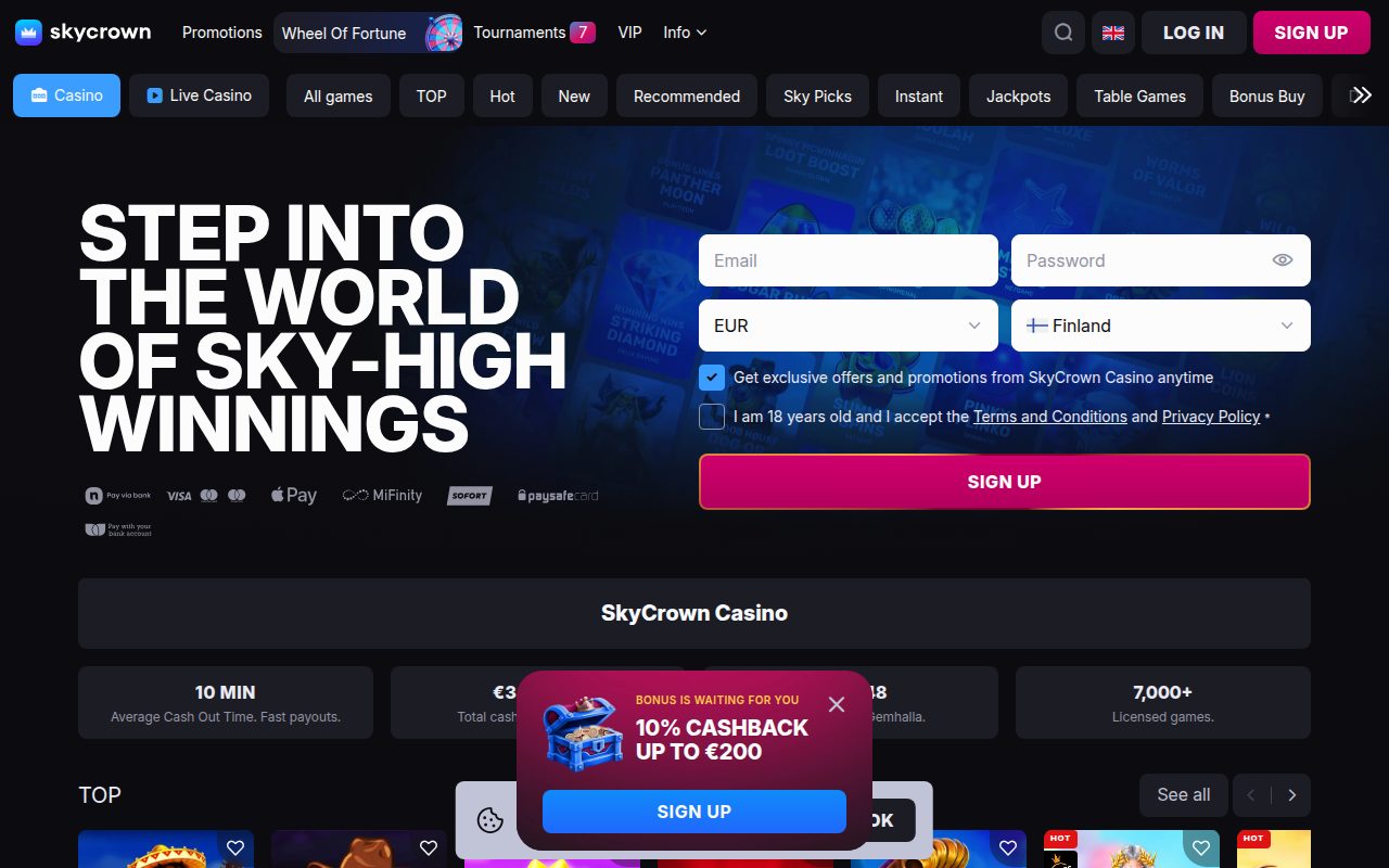 SkyCrown Casino homepage screenshot