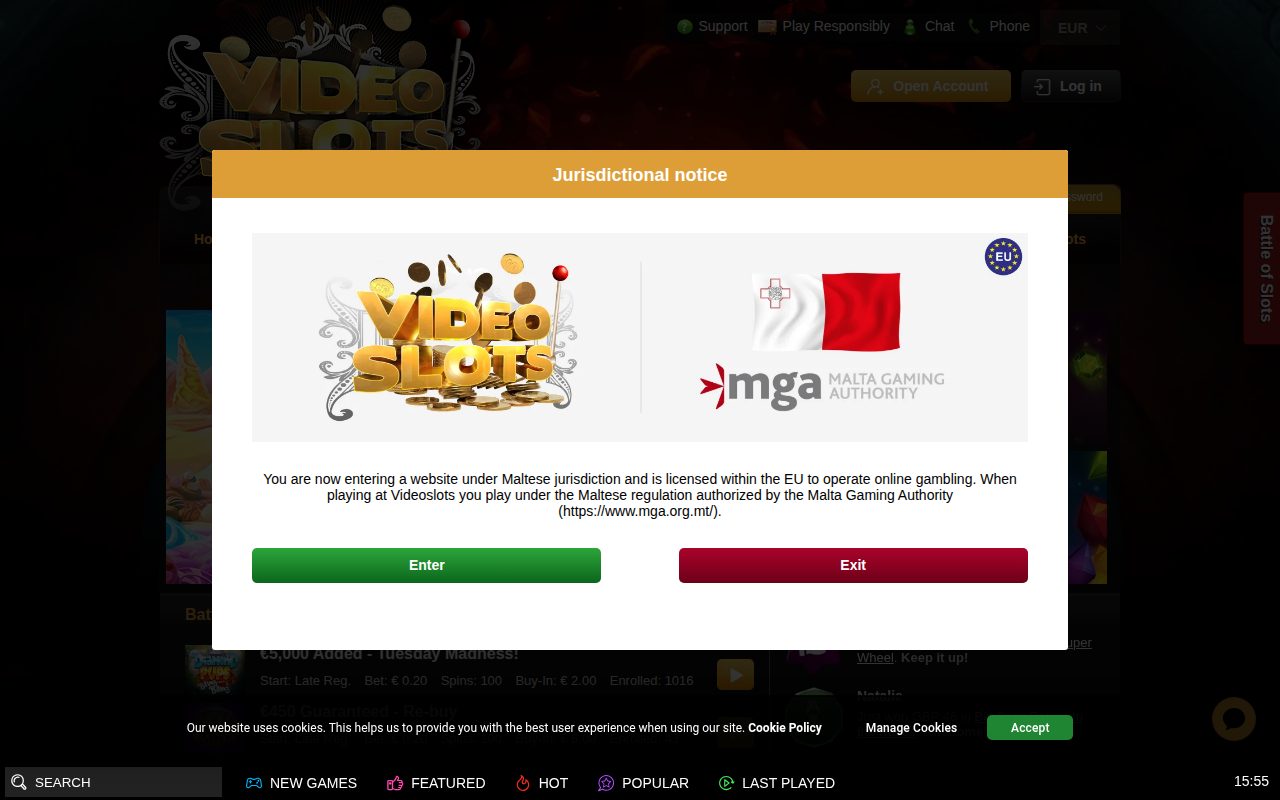 Videoslots homepage screenshot